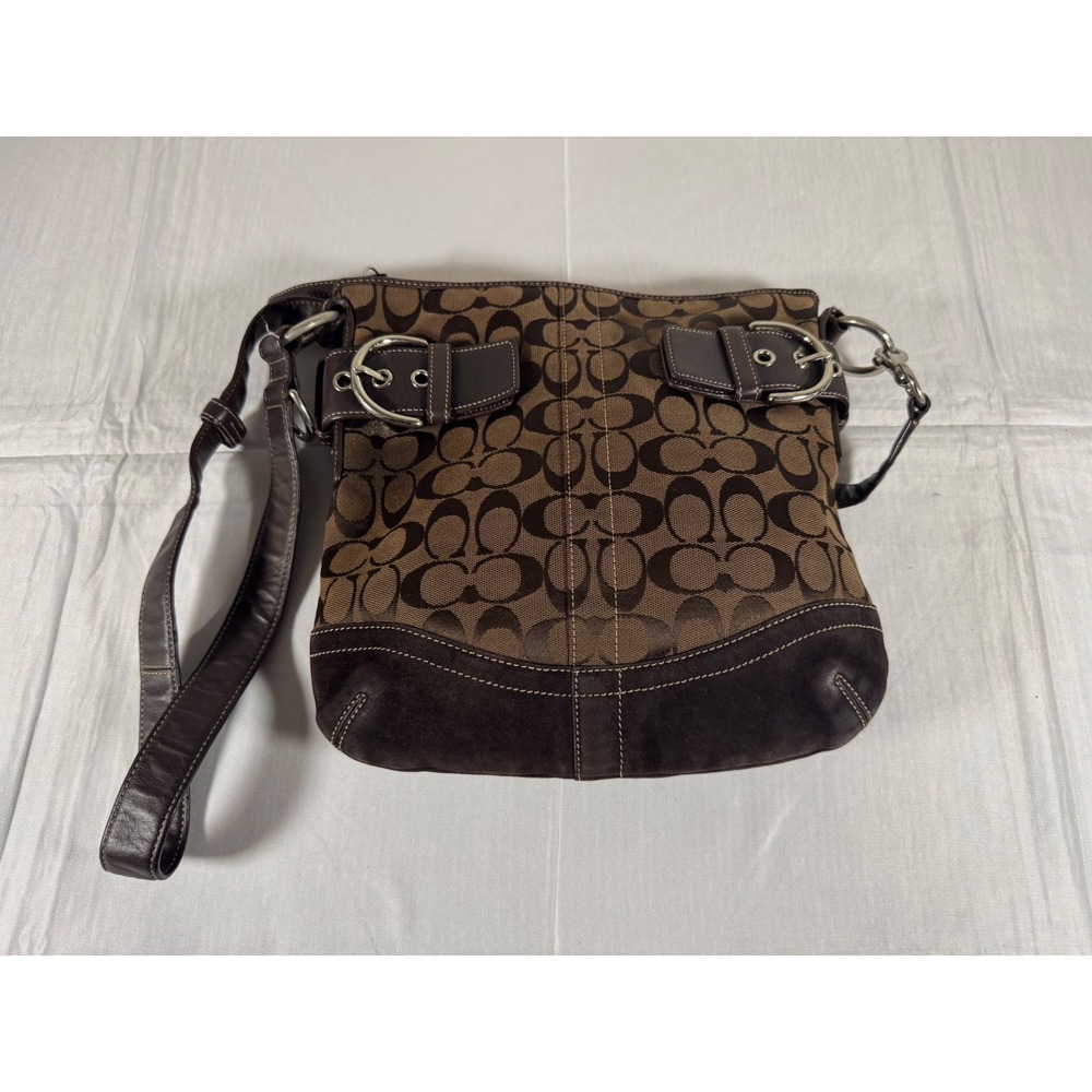 Vintage Y2K Coach Signature Jacquard Crossbody Bag Brown Suede Leather Trim